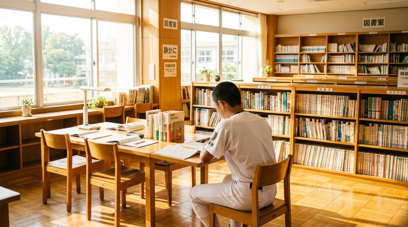 図書室で勉強する野球部員の後ろ姿