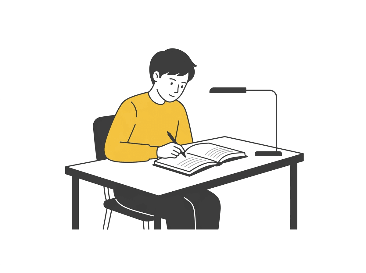 机に向かって勉強する中学生のイラスト