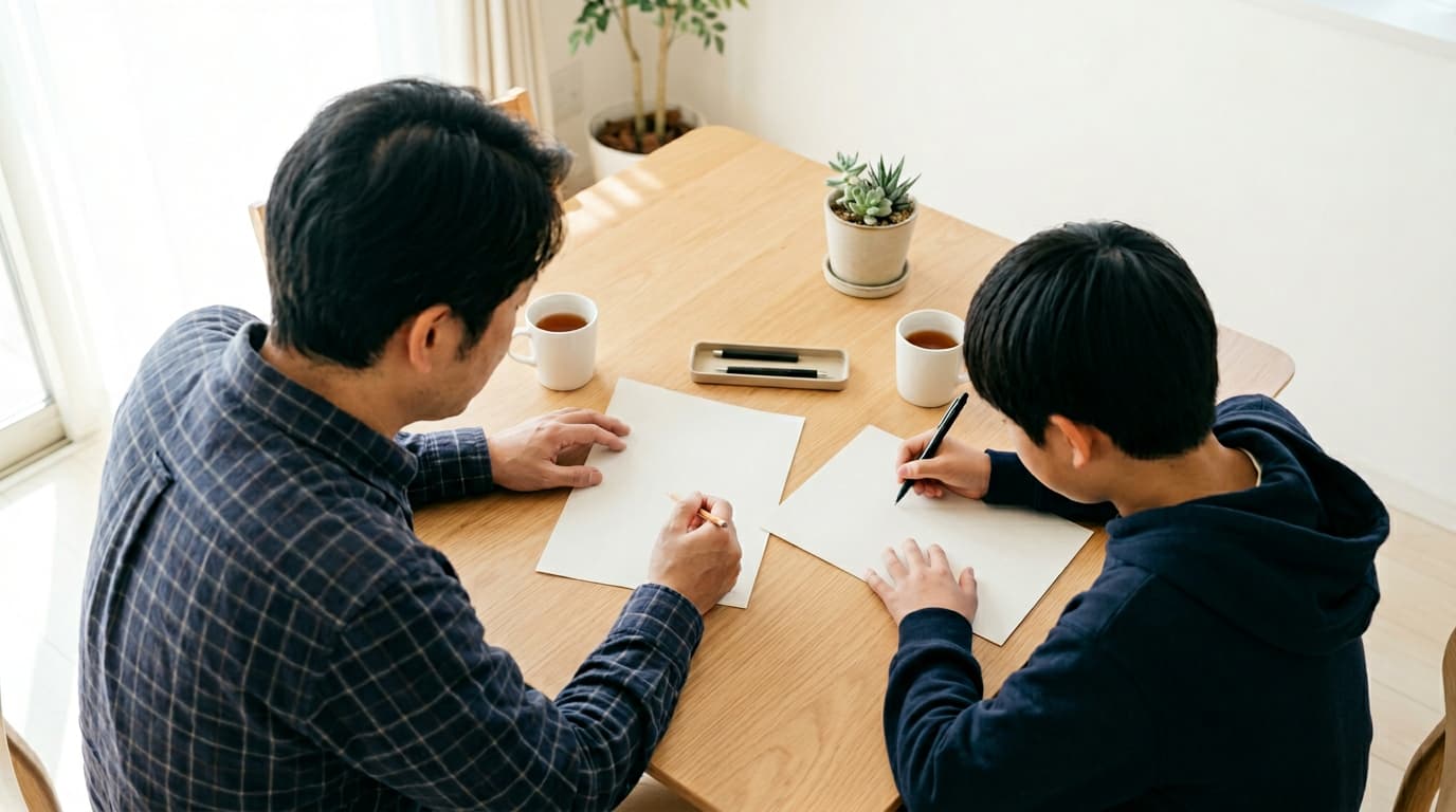 練習後に保護者と学習計画を確認している中学生