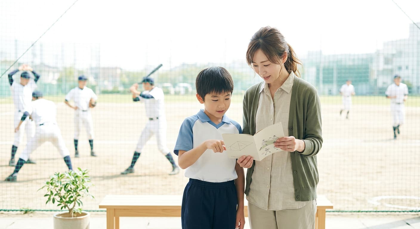 部活見学をする中学生と保護者