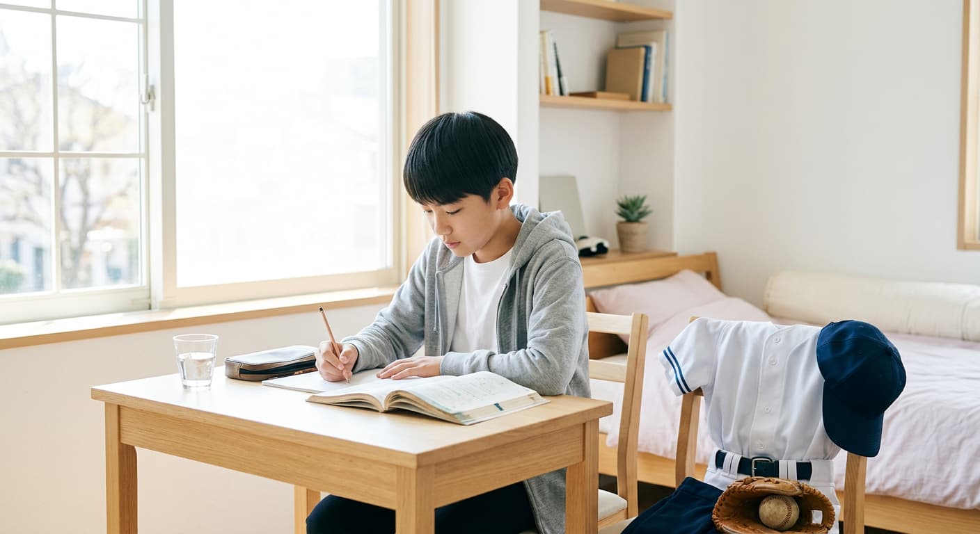 部活合宿中に勉強する中学生