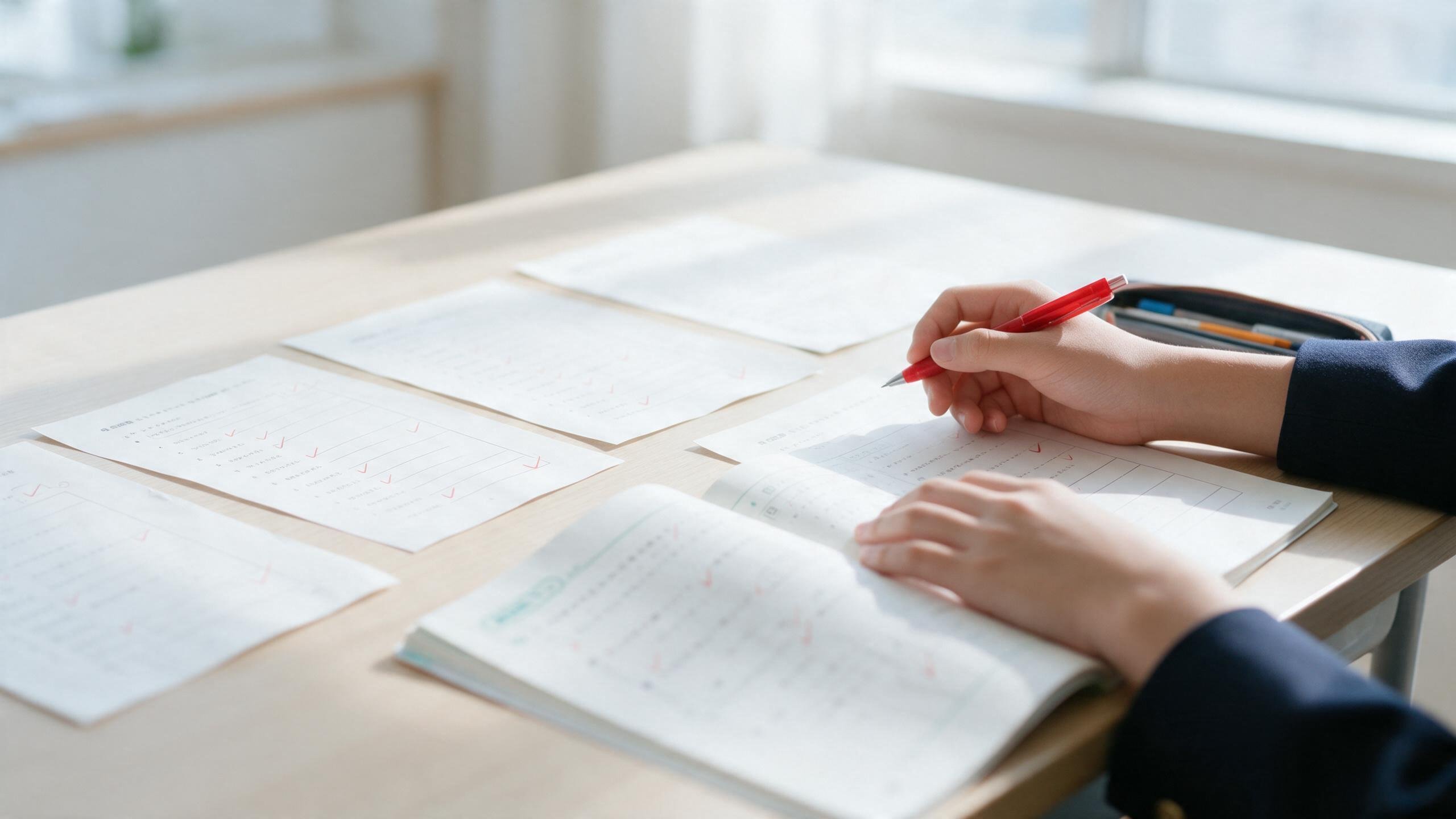 机に定期テストの答案と学校のワークを広げて見直す中学生の手元