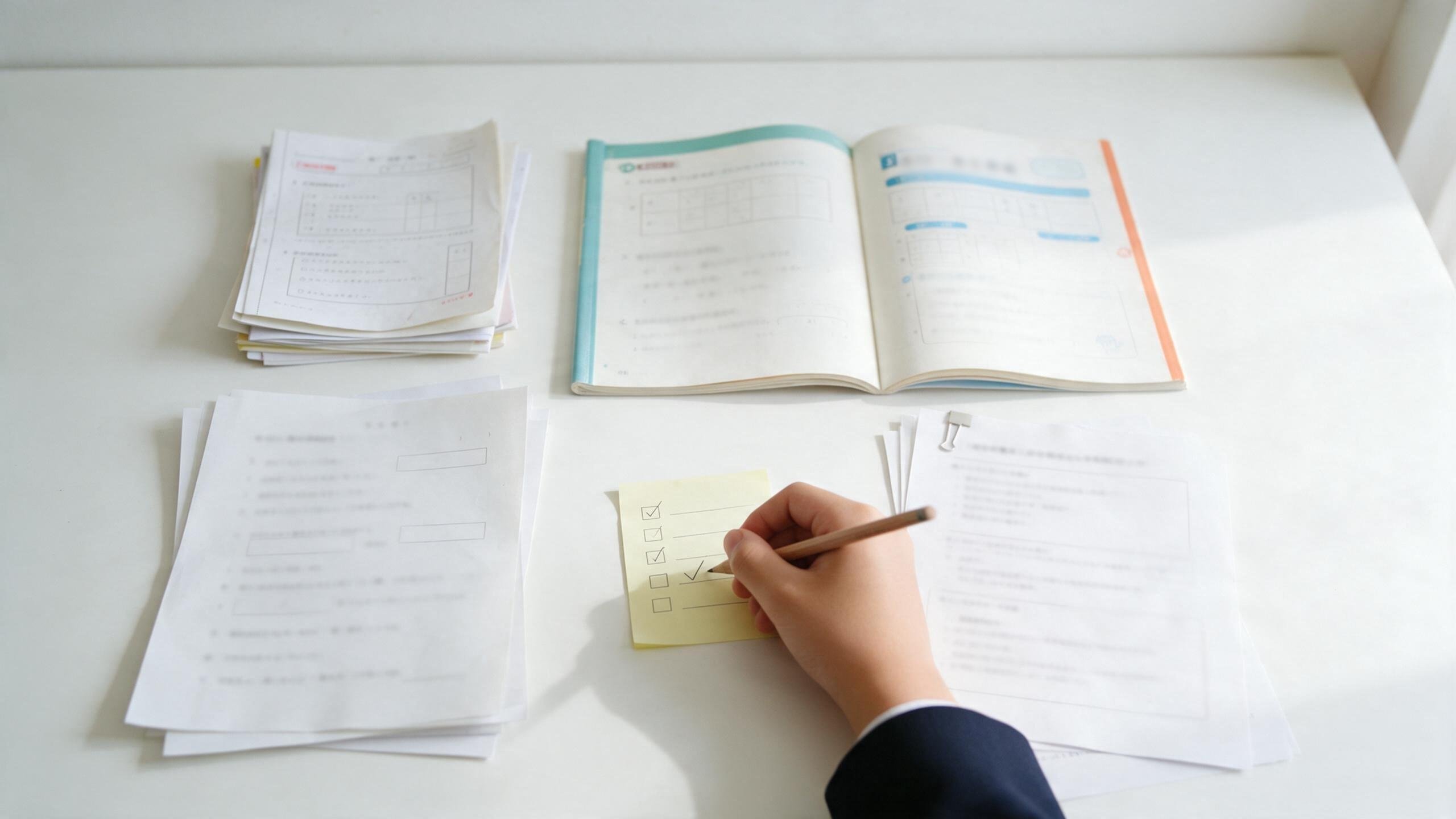 定期テストの答案と学校のワーク、提出物のリストを机に並べた中学生の手元