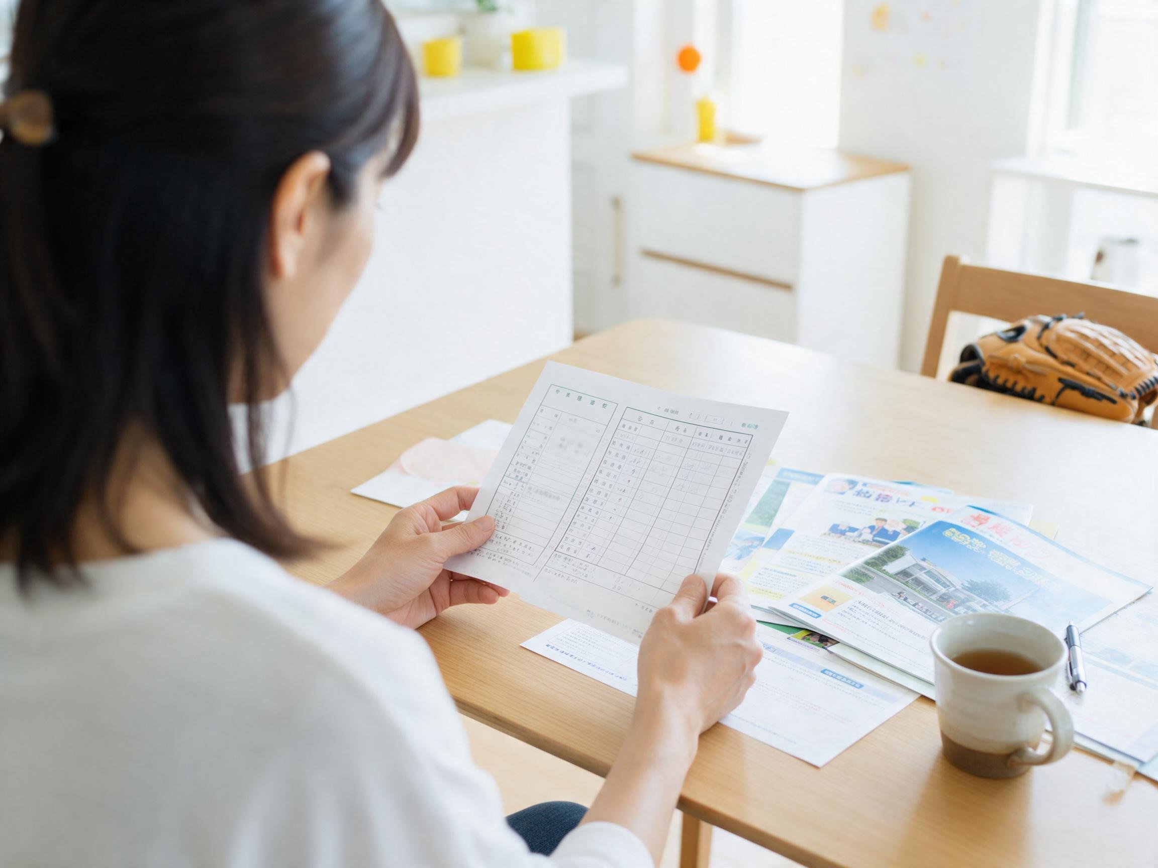 通知表と高校の資料を見比べる保護者