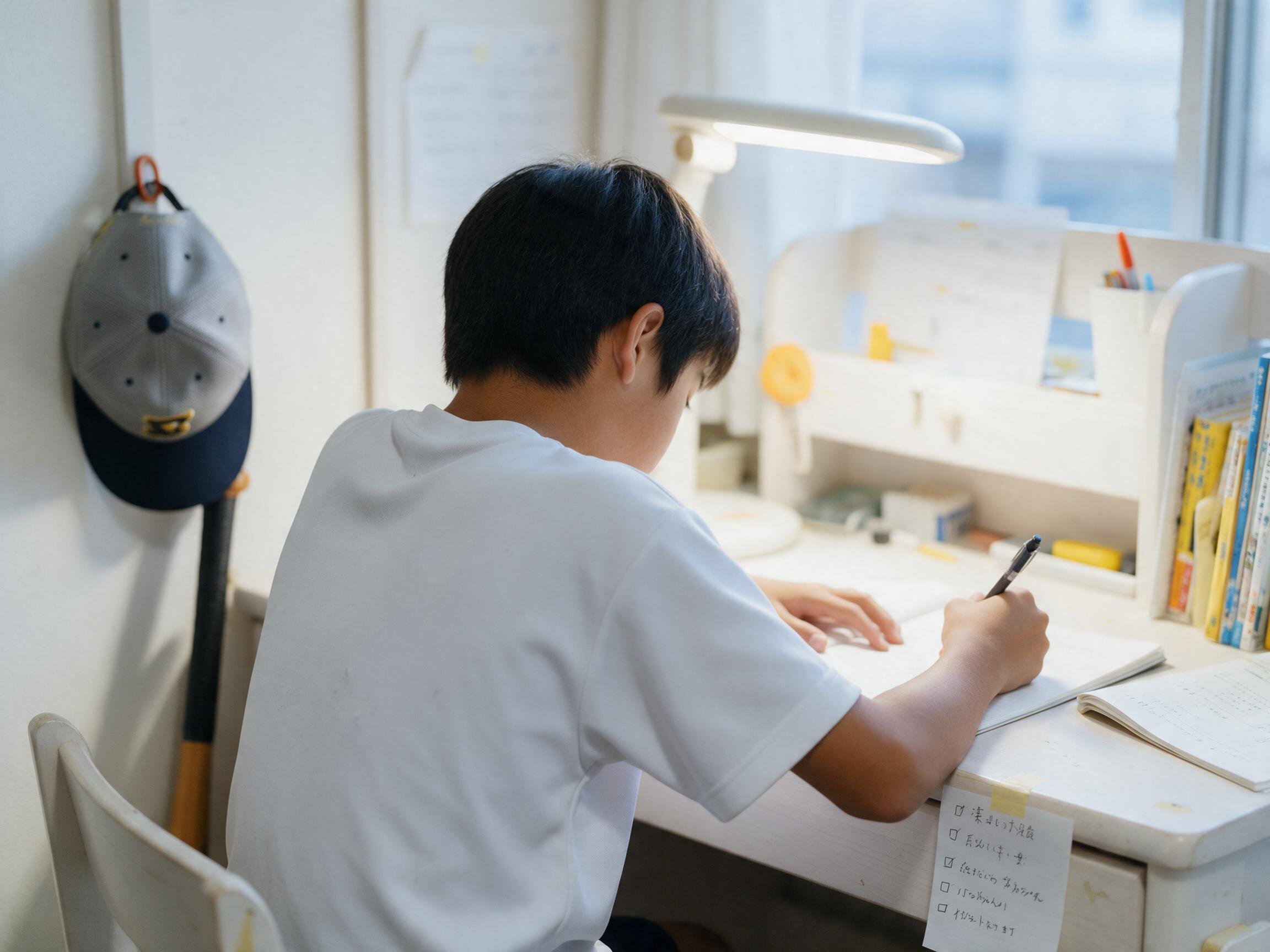 練習のあと机に向かう野球部の中学生
